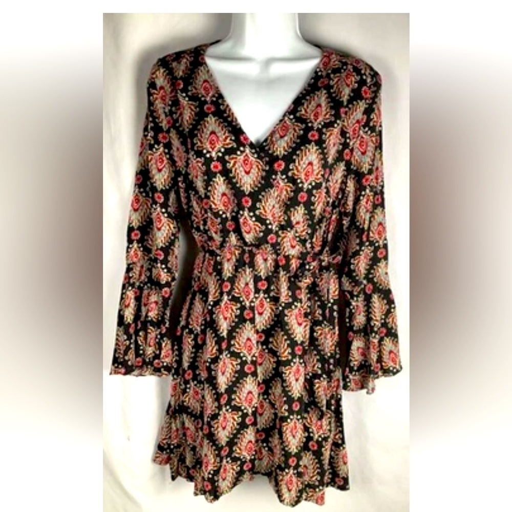 She + Sky Women’s Size S Black Mandala Boho Faux Wrap Boho Dress Bell Sleeve